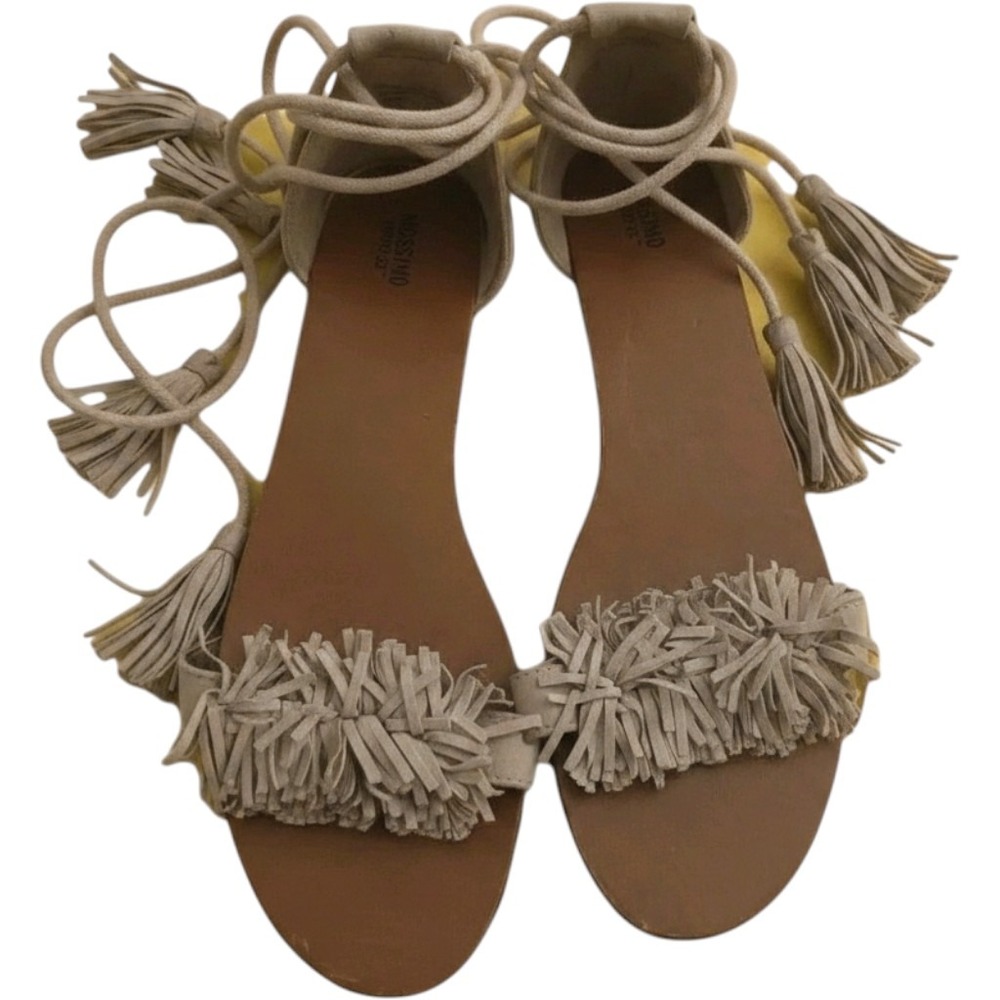 Mossimo Supply Co. Fringe Ankle Wrap Sandals Womens 9.5 Beige Boho Flats